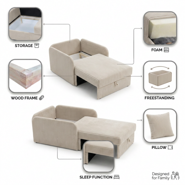 Łóżko dziecięce sofa kanapa fotel gruby sztruks beż Denis 3B Family Meble — widoki i detale
