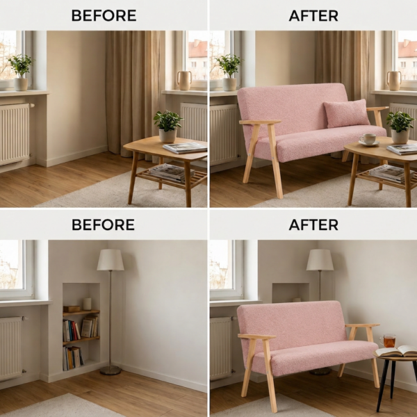 Sofa w stylu PRL retro kanapa vintage welur różowy Soler Family Meble — widoki i detale