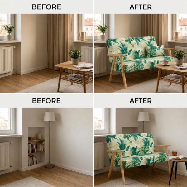 Sofa stylu PRL retro kanapa vintage welur zielony print Soler Family Meble — widoki i detale