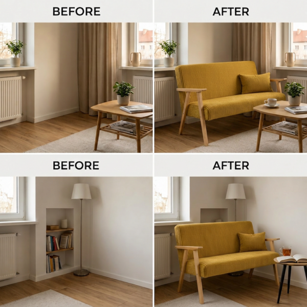 Sofa w stylu PRL retro kanapa vintage welur musztardowy Soler Family Meble — widoki i detale