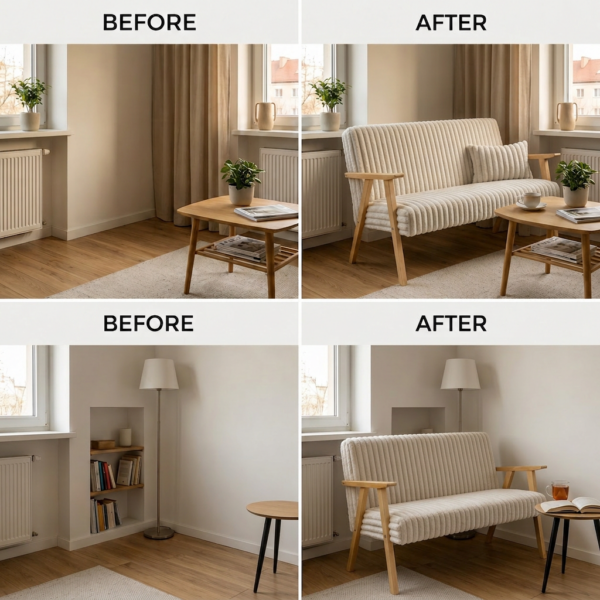 Sofa w stylu PRL retro kanapa vintage sztruks beż Soler Family Meble — widoki i detale