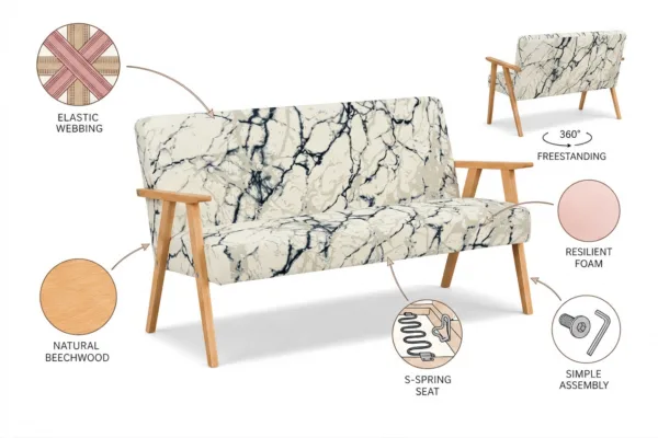 Zestaw wypoczynkowy sofa 2-os 2 fotele retro vintage biały Soler Family — widoki i detale