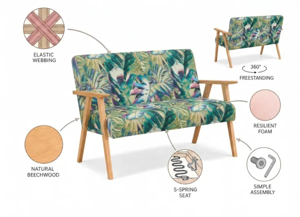 Zestaw wypoczynkowy sofa 2-os 2 fotele retro vintage zielona Soler Family — widoki i detale
