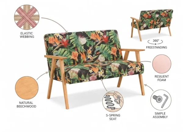 Zestaw wypoczynkowy sofa 2-os 2 fotele retro vintage ciemnozielony Soler — widoki i detale