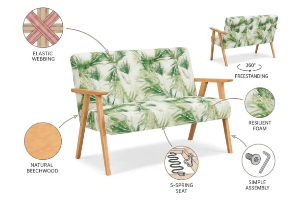 Zestaw wypoczynkowy sofa 2-os 2 fotele retro vintage koperkowy Soler Family — widoki i detale