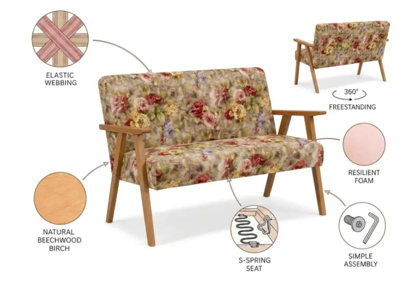 Zestaw wypoczynkowy sofa 2-os 2 fotele retro vintage kwiaty brąz Soler — widoki i detale