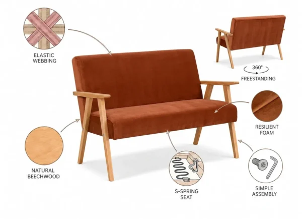 Zestaw wypoczynkowy sofa 2-os 2 fotele retro vintage salonu Soler Family — widoki i detale