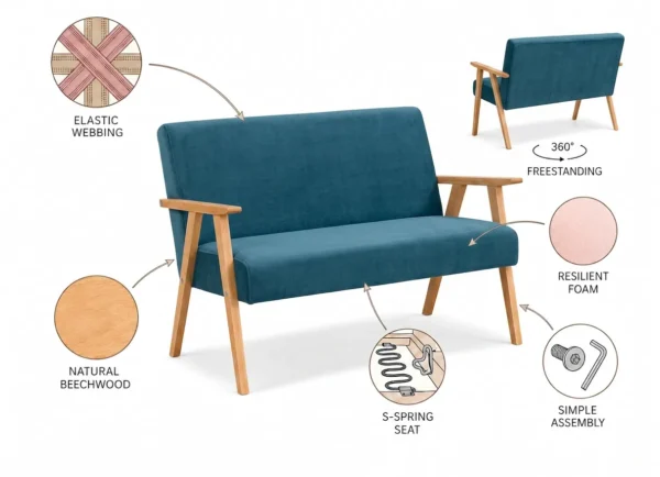 Zestaw wypoczynkowy sofa 2-os 2 fotele retro vintage tkanina niebieski — widoki i detale