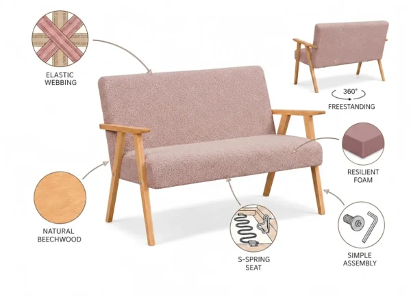 Zestaw wypoczynkowy sofa 2-os 2 fotele retro vintage Boucla pudrowy Soler — widoki i detale
