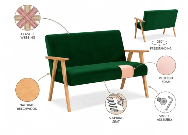 Zestaw wypoczynkowy sofa 2-os 2 fotele retro welur zielony Soler Family — widoki i detale