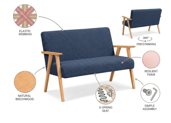 Zestaw wypoczynkowy sofa 2-os 2 fotele Boucla granatowy Soler Family Meble — widoki i detale