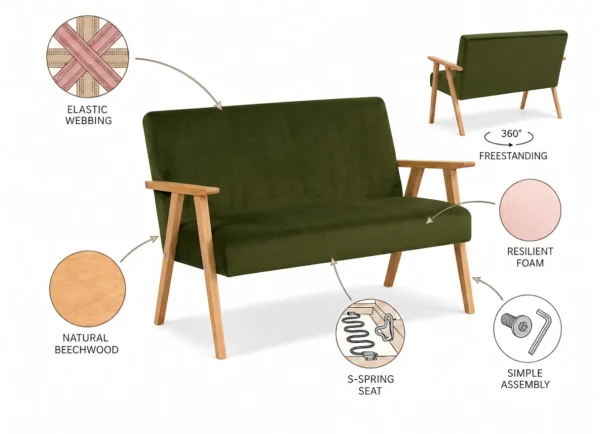 Zestaw wypoczynkowy sofa 2-os 2 fotele zielony khaki Soler Family Meble — widoki i detale