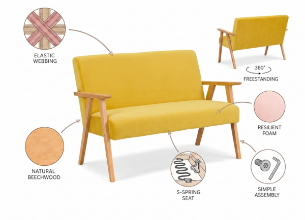Zestaw wypoczynkowy sofa 2-os 2 fotele retro vintage żółty Soler Family — widoki i detale