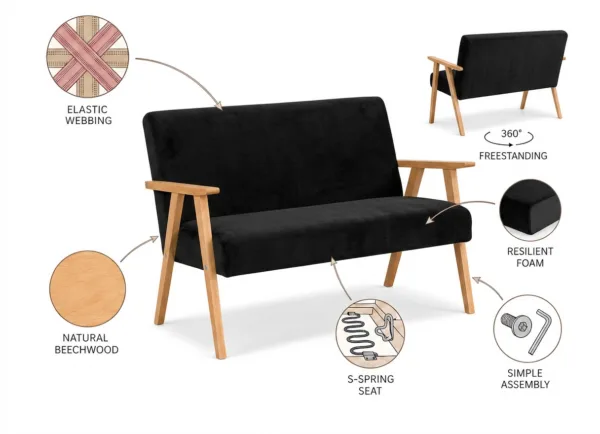 Zestaw wypoczynkowy sofa 2-os 2 fotele retro welwet czarny Soler Family — widoki i detale