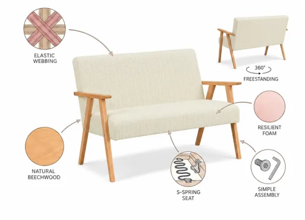 Zestaw wypoczynkowy sofa 2-os 2 fotele retro vintage szenil welur beż Soler — widoki i detale