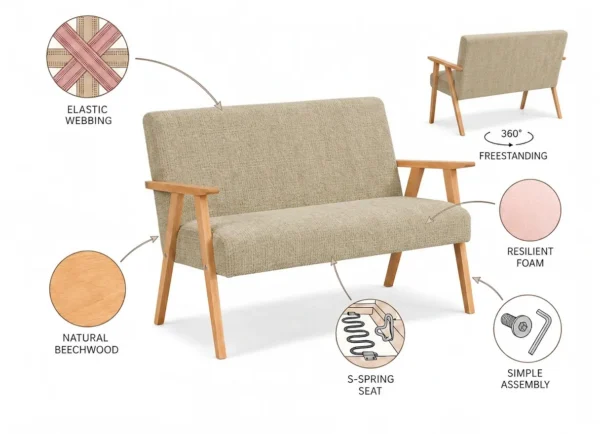 Zestaw wypoczynkowy sofa 2-os 2 fotele retro vintage szenil beżowy Soler — widoki i detale