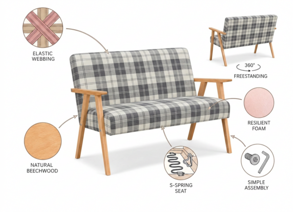 Zestaw wypoczynkowy sofa 2-os 2 fotele retro vintage plecionka czarny biały — widoki i detale