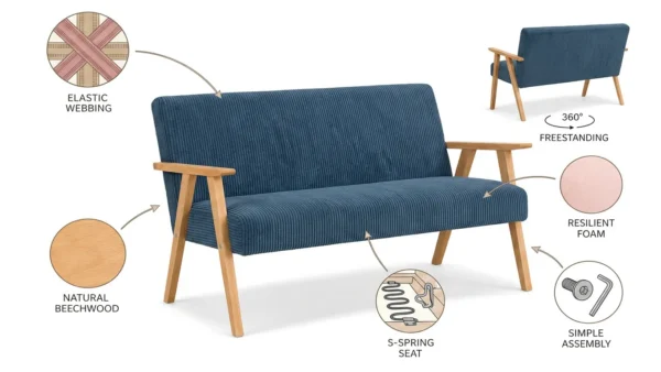 Zestaw wypoczynkowy sofa 2-os 2 fotele welur granatowy Soler Family Meble — widoki i detale