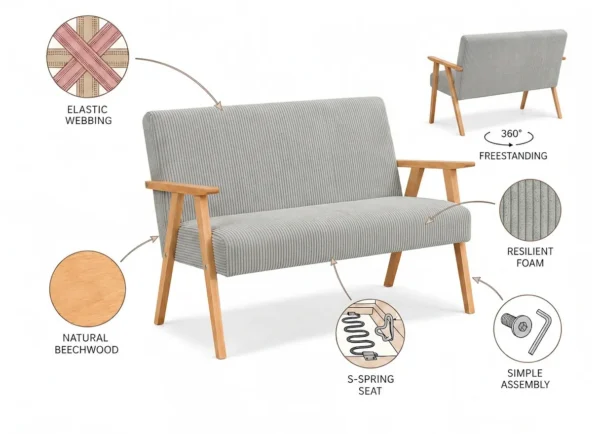 Zestaw wypoczynkowy sofa 2-os 2 fotele retro vintage welur szary Soler — widoki i detale