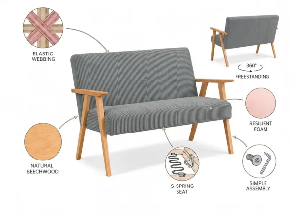 Zestaw wypoczynkowy sofa 2-os 2 fotele retro vintage welur szary Soler — widoki i detale