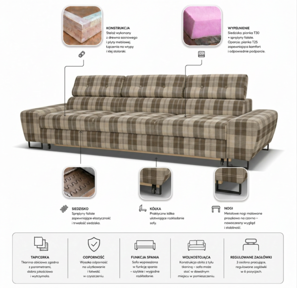 Kanapa sofa rozkładana f spania reg zagłówek pleciona brąz Savio 3 os — widoki i detale