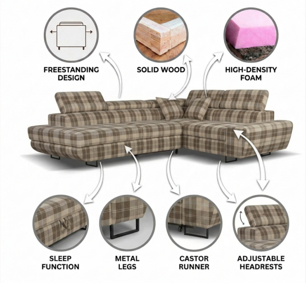Narożnik rozkładany LEWY spania 2 Pojemniki brąz kratka Savio Family Meble — widoki i detale