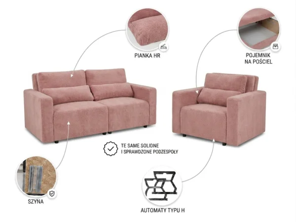 Zestaw wypoczynkowy sofa 2 kanapa fotele salon różowy Komo Family meble — widoki i detale