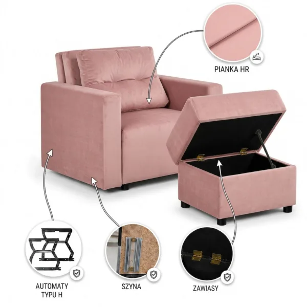 Fotel Komo pudrowy róż jasny róż pastela sofa 1 os welur Komo Family Meble — widoki i detale