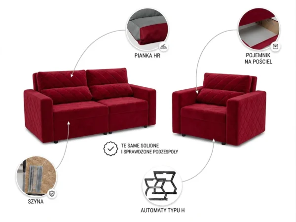 Zestaw wypoczynkowy kanapa sofa rozkładana 2 fotele czerwony welur Komo — widoki i detale