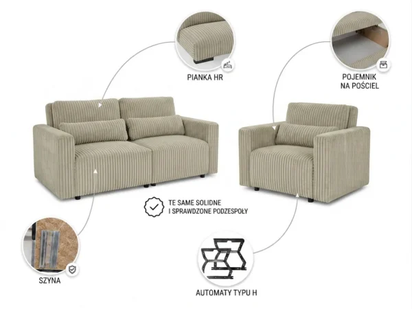 Zestaw wypoczynkowy kanapa sofa rozkładan 2 fotele szary Idylla Komo Family — widoki i detale