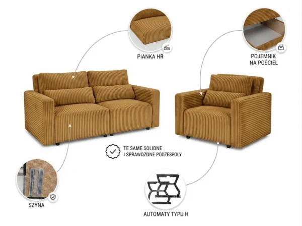 Zestaw wypoczynkowy kanapa sofa rozkładana 2 fotele sztruks miedziany welur — widoki i detale
