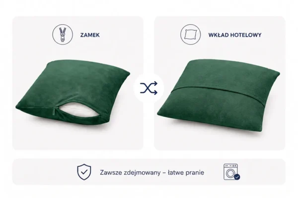 Poduszka dekoracyjna jasiek 45 x 45 poszewka butelkowa zieleń welur Family — widoki i detale
