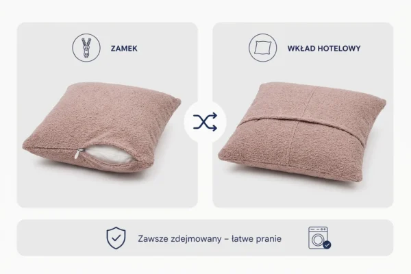 Poduszka dekoracyjna jasiek 45 x 45 poszewka pudrowy róż boucla Family — widoki i detale