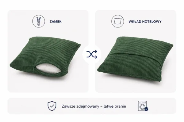 Poduszka dekoracyjna jasiek 45 poszewka butelkowa zieleń sztruks Family — widoki i detale