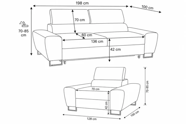 Zestaw wypoczynkowy sofa kanapa fotele czarny sztruks wygodny Savio Family — wymiary
