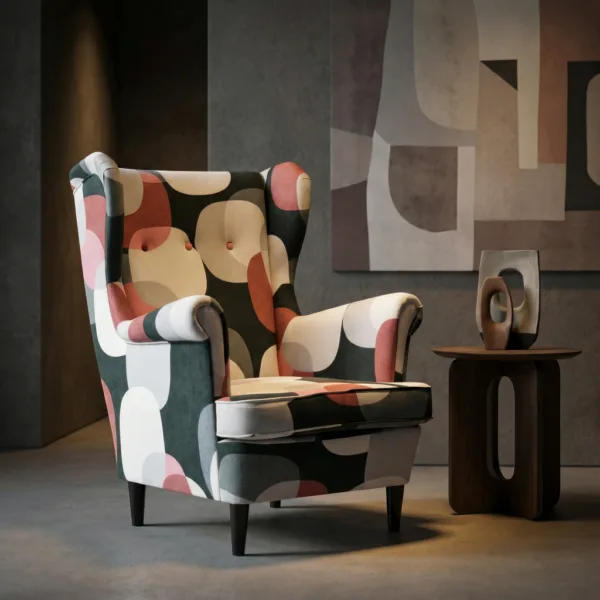 Fotel uszak skandynawski groszki biało czarno czerwone Design Family Meble — komfort