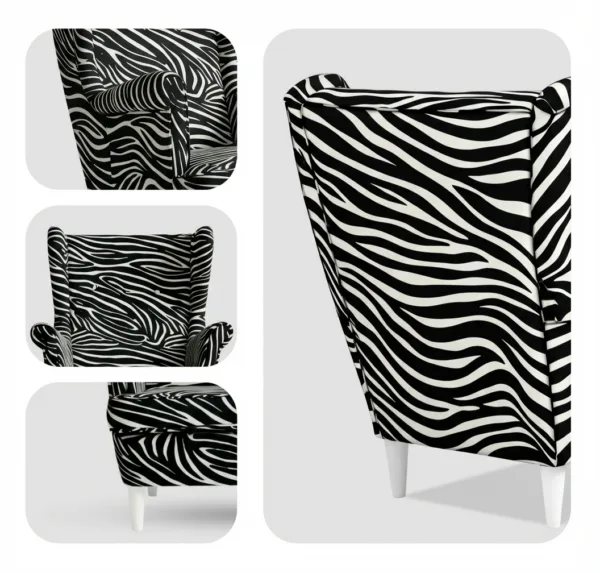 Fotele uszak skandynawskie czarno białe zebra Design Ari Print Family Meble — widoki i detale