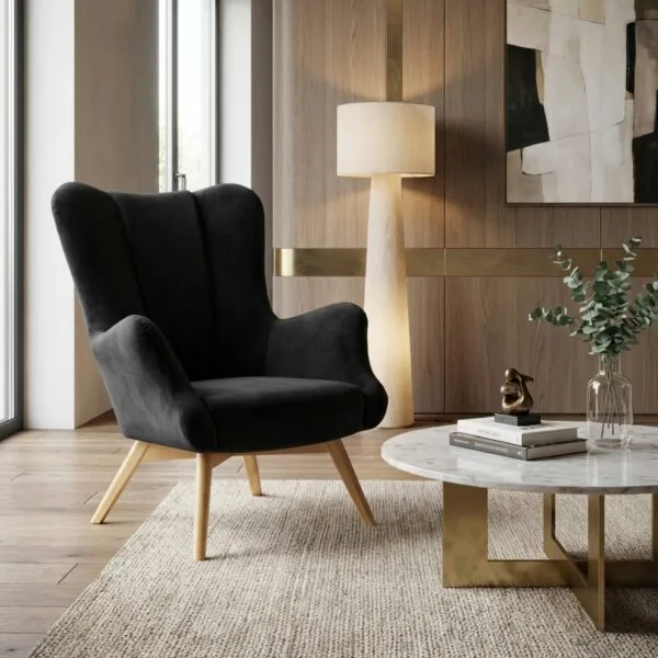 Fotel skandynawski kubełkowy uszak czarny salonu welurowy Vika Family Meble — komfort