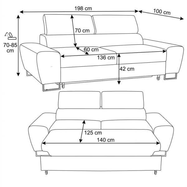 Kanapa sofa rozkładana f spania reg zagłówek Boucla pudrowy róż Savio 2 os — wymiary