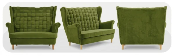 Sofa Kanapa Uszak Skandynawska zielona khaki moro welur Carol Family Meble — widoki produktu