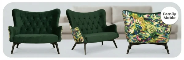 Sofa Kanapa Uszak Skandynawska zielone liście welur Luna Print Family Meble — widoki produktu