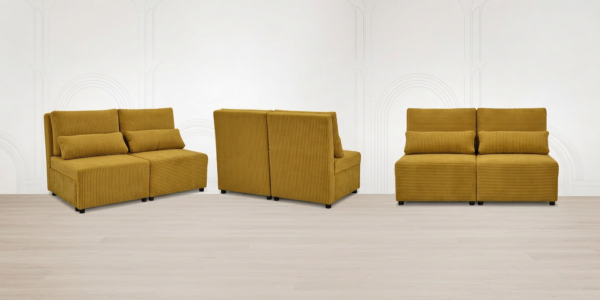 Kanapa 2 os sofa rozkładana spania pojemnik musztardowy sztruks Kimo Family — widoki produktu