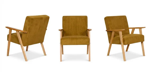 Fotel w stylu PRL retro krzesło vintage welur sztruks żółty Soler Family — widoki produktu