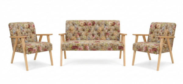 Zestaw wypoczynkowy sofa 2-os 2 fotele retro vintage kwiaty brąz Soler — widoki produktu