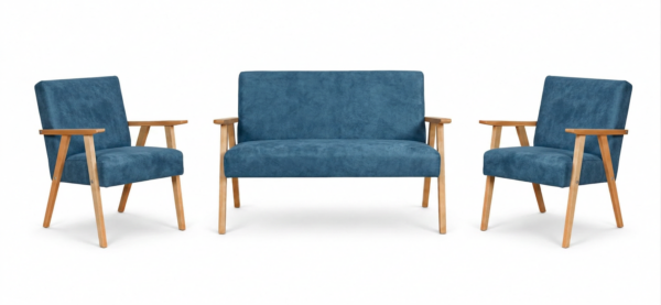 Zestaw wypoczynkowy sofa 2-os 2 fotele retro vintage tkanina niebieski — widoki produktu