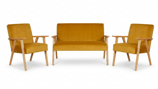 Zestaw wypoczynkowy sofa 2-os 2 fotele welurowy żółty Soler Family Meble — widoki produktu