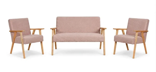 Zestaw wypoczynkowy sofa 2-os 2 fotele retro vintage Boucla pudrowy Soler — widoki produktu