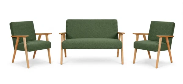 Zestaw wypoczynkowy sofa 2-os 2 fotele Boucla zielony Soler wygodny Family — widoki produktu