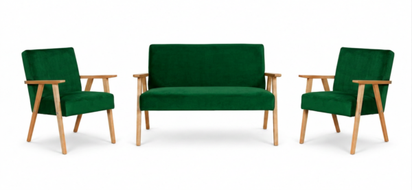 Zestaw wypoczynkowy sofa 2-os 2 fotele retro welur zielony Soler Family — widoki produktu
