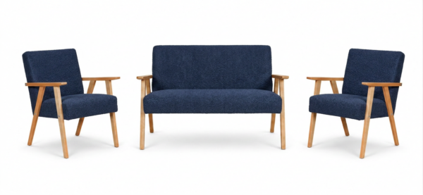 Zestaw wypoczynkowy sofa 2-os 2 fotele Boucla granatowy Soler Family Meble — widoki produktu